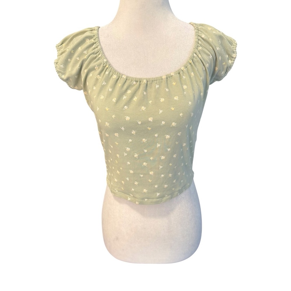 Zine Womens Sage Green Ditsy Floral Ribbed Crop Top M Scoop Neck Short Sleeve